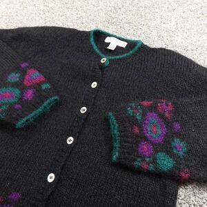 VTG Mohair Sweater Womens M Black Knit Abstract Floral Button Cardigan Grandma